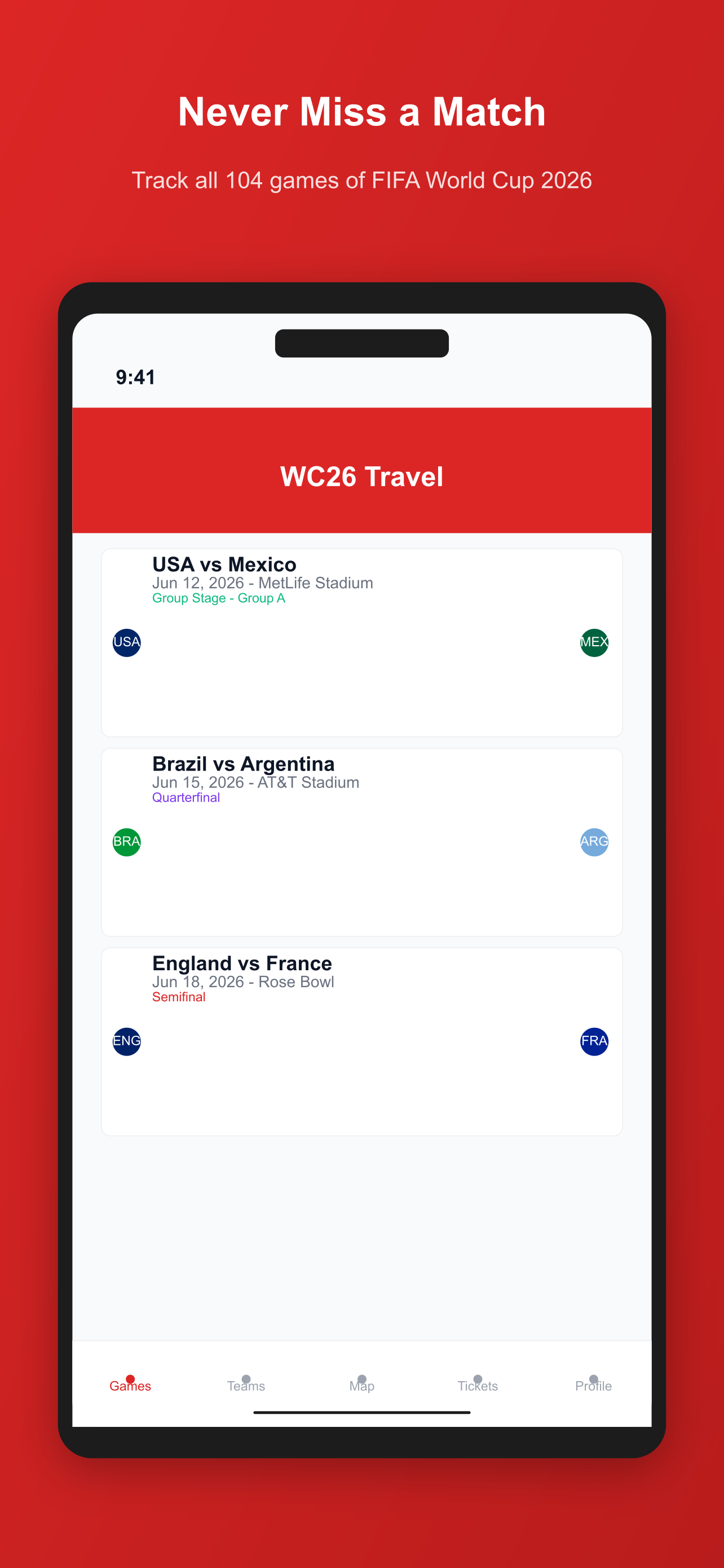 Football 2026 Travel app home screen