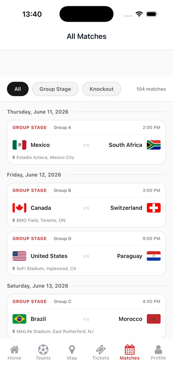 Matches list with Mexico vs South Africa, USA vs Paraguay, Brazil vs Morocco